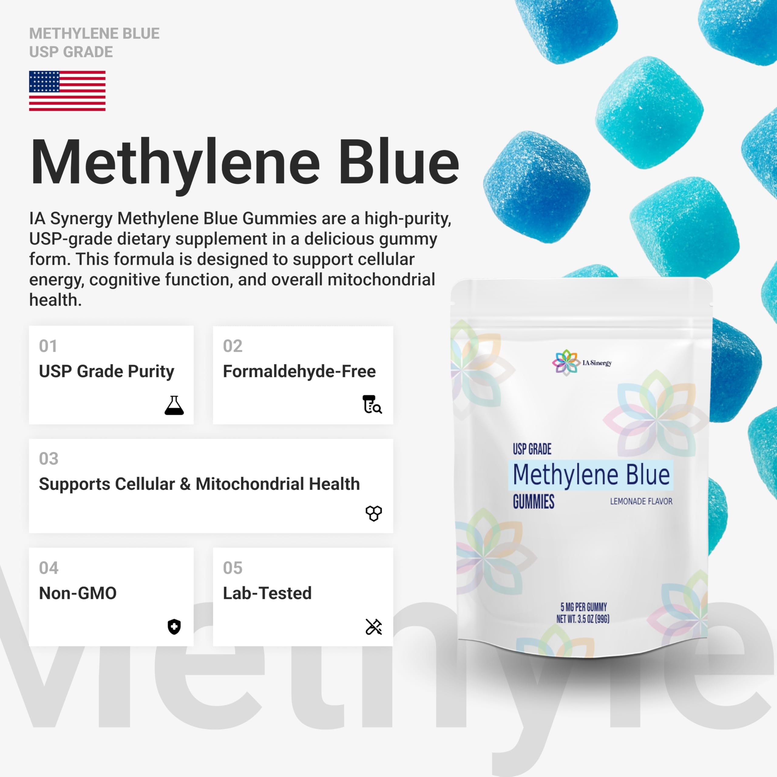 Close-up of LA Synergy Methylene Blue Gummies highlighting convenient cognitive wellness.
