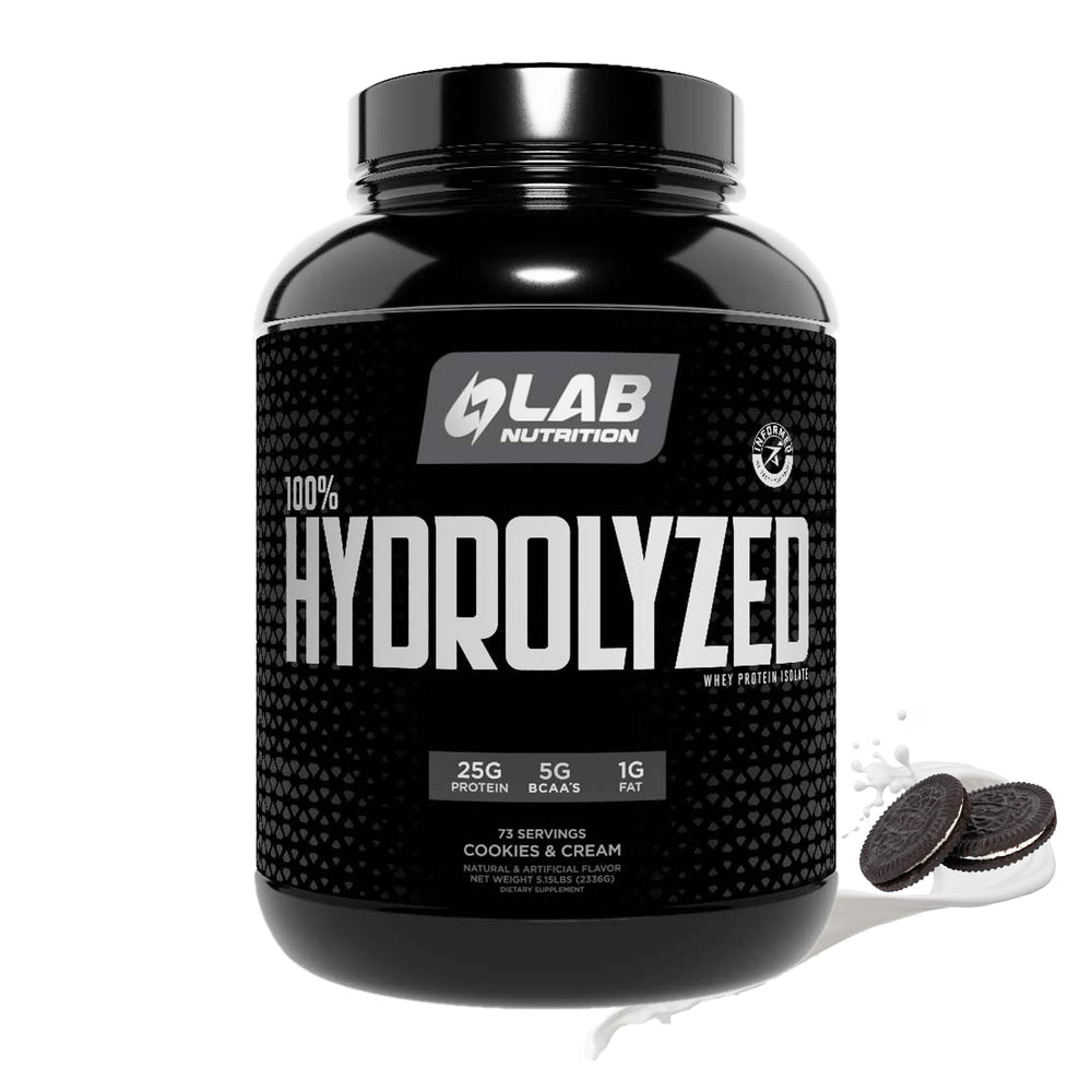 LAB NUTRITION hydrolyzed whey bottle highlights fast-absorbing protein