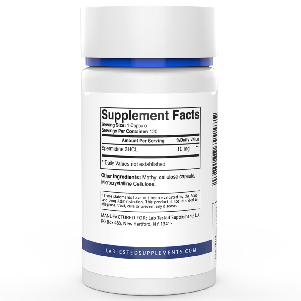 Lab Tested Supplements Spermidine 3HCL capsules close-up showing consistent capsules
