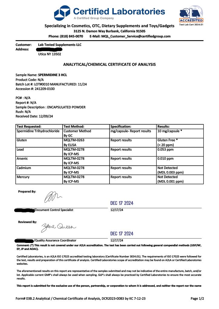 Lab Tested Supplements Spermidine 3HCL packaging front shows freshness and product details