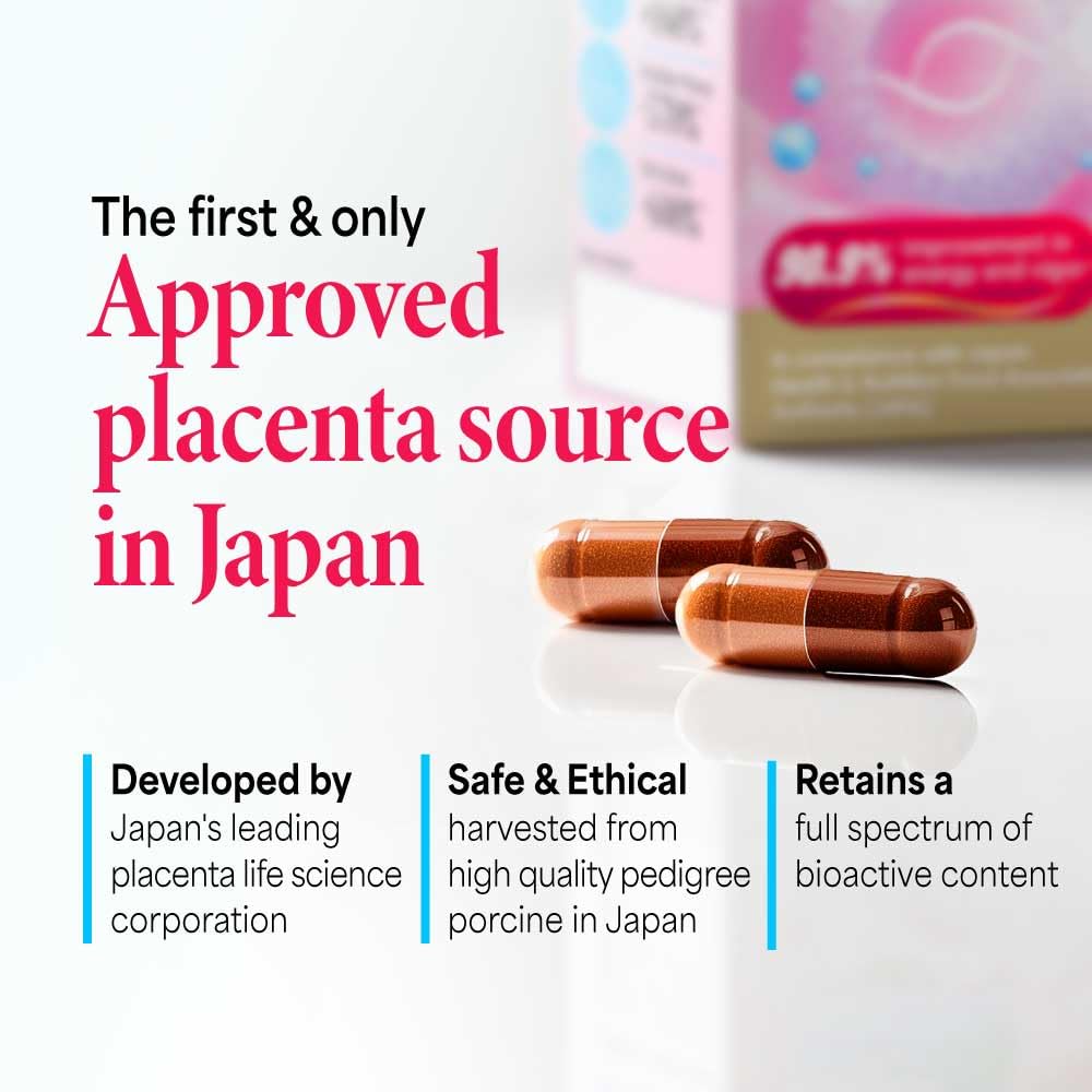 Japan-sourced placenta farm imagery underscoring premium quality and safety.