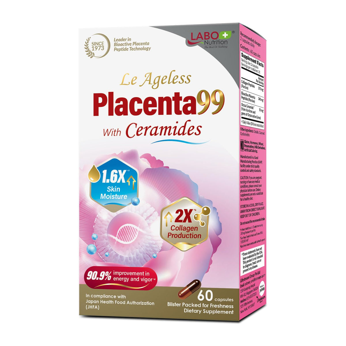 LABO Nutrition Le Ageless Placenta 99 capsules bottle, showcasing skin hydration support.
