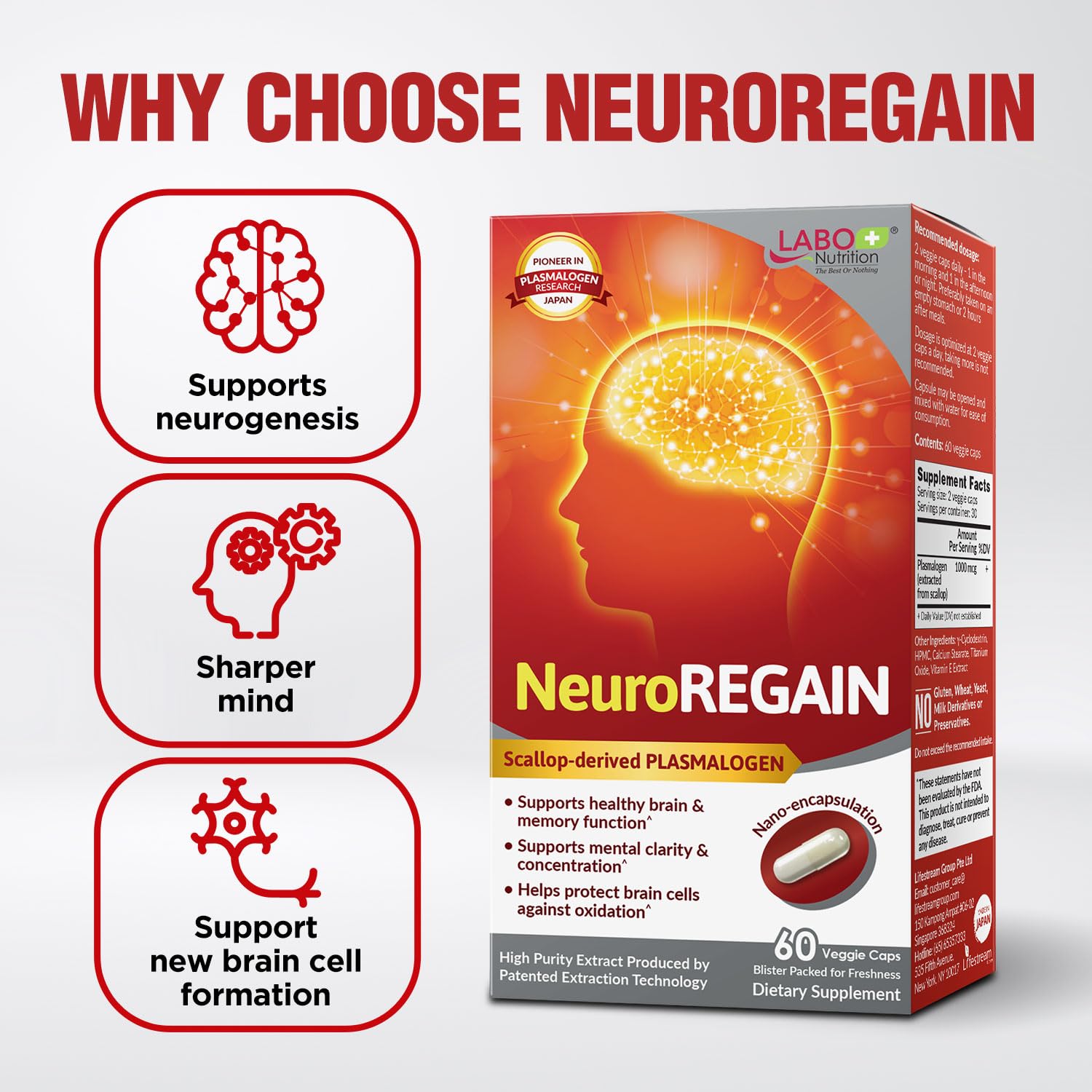 LABO Nutrition NeuroREGAIN capsules close-up highlighting plasmalogen for cognitive support