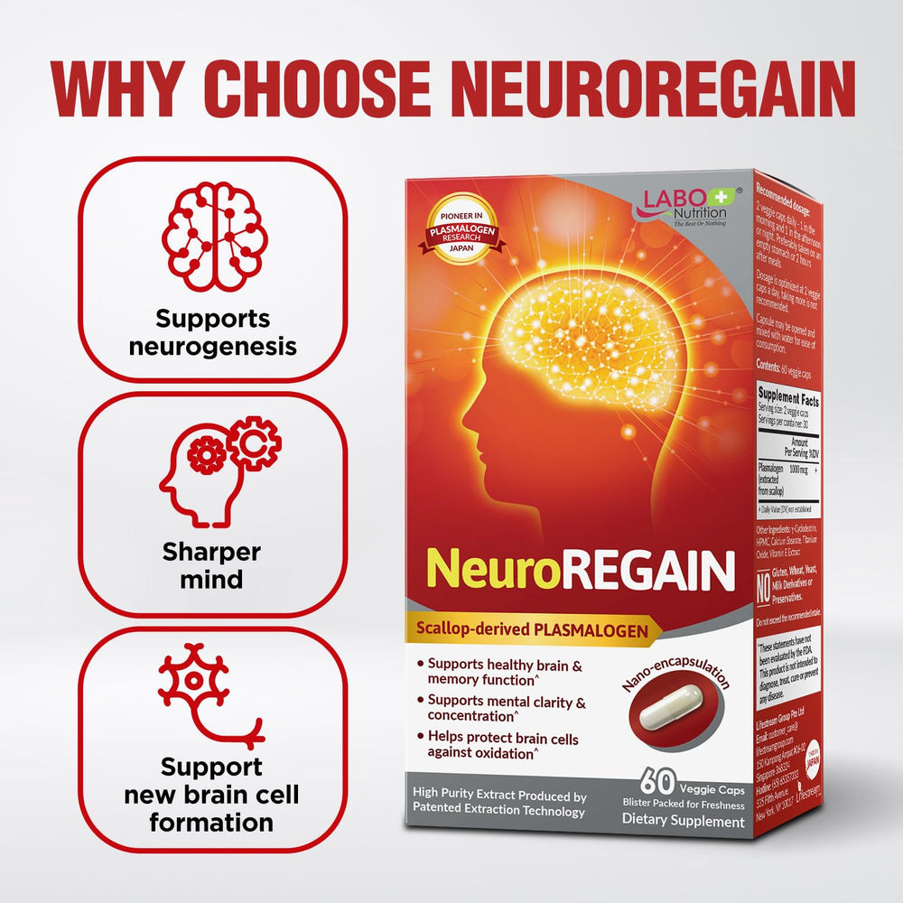 LABO Nutrition NeuroREGAIN capsules close-up highlighting plasmalogen for cognitive support