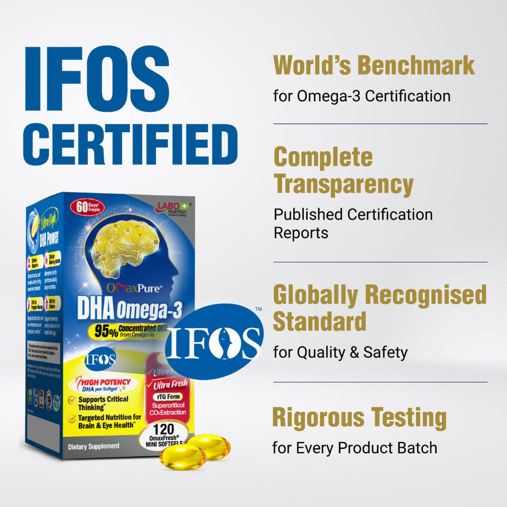 LABO Nutrition OmaxPure DHA bottle label emphasizing IFOS certification and EPA/DHA details