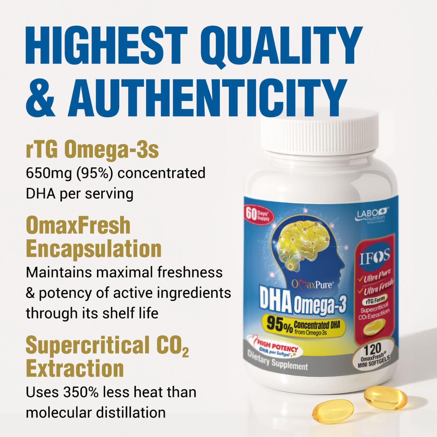 LABO Nutrition OmaxPure DHA IFOS badge on packaging indicating quality standards