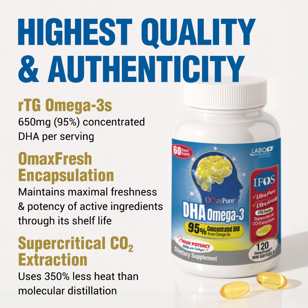 LABO Nutrition OmaxPure DHA IFOS badge on packaging indicating quality standards