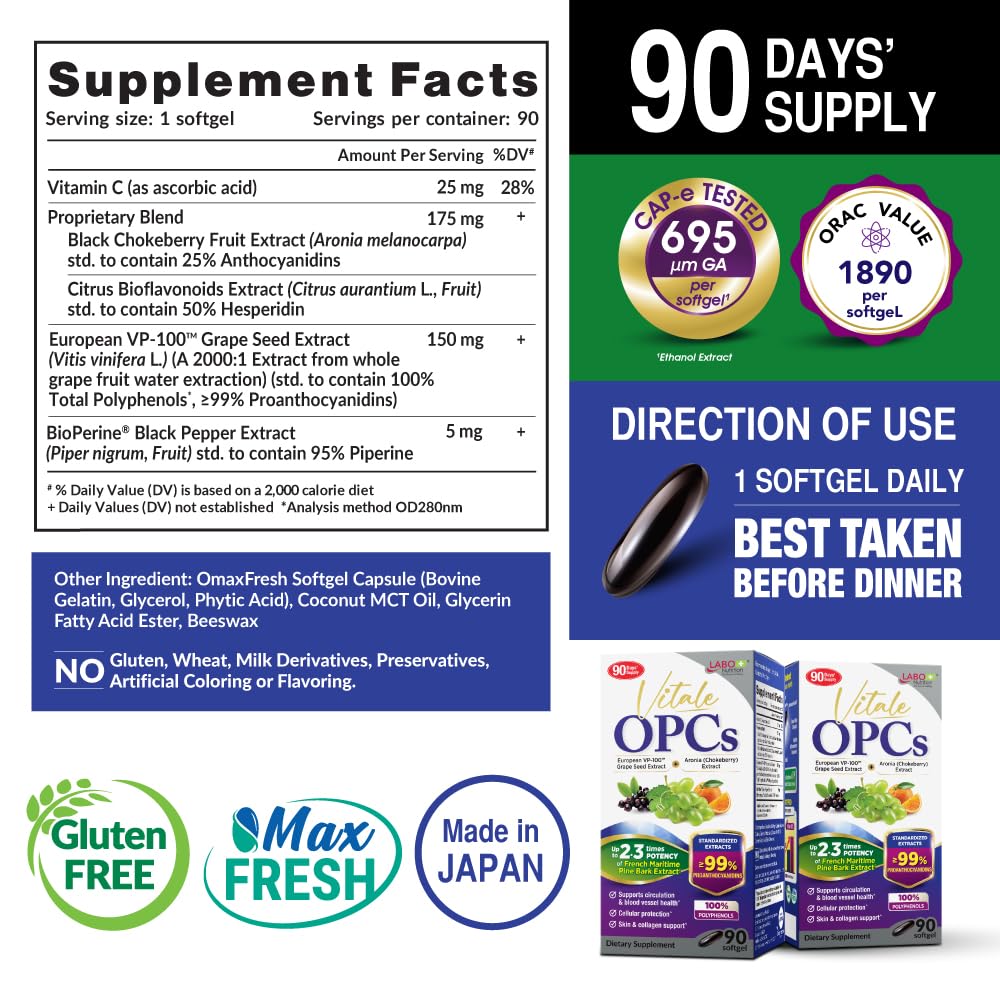 LABO Nutrition Vitale OPCs softgels closeup highlighting easy daily capsules.