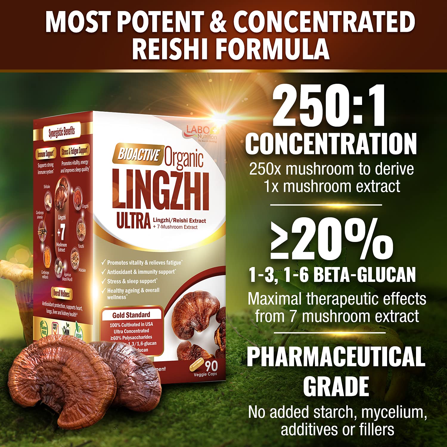 LABO Nutrition Bioactive Lingzhi Reishi Ultra label design shows USDA Organic certification