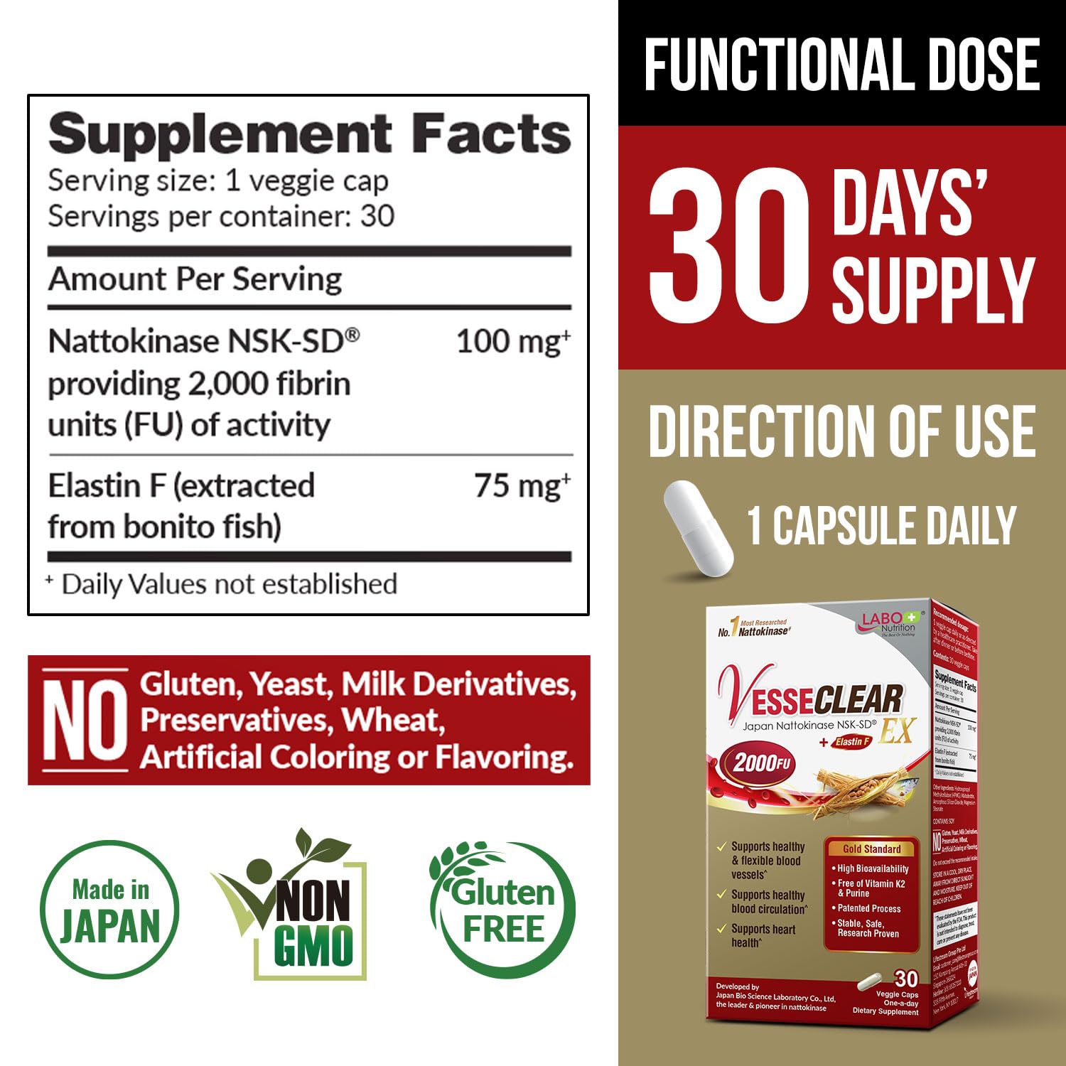LABO Nutrition nattokinase NSK-SD capsules highlighting high potency and bioavailability.