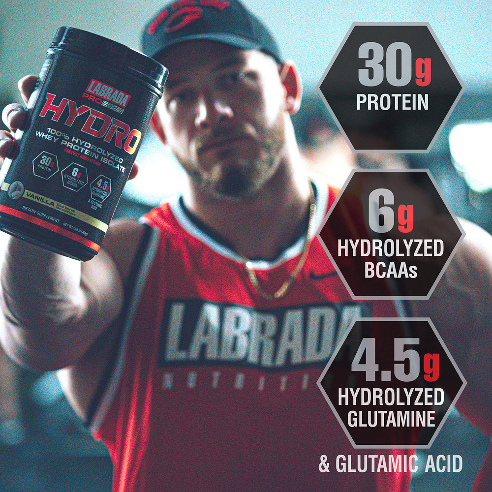 Close-up of Labrada Hydro label highlighting hydrolyzed whey