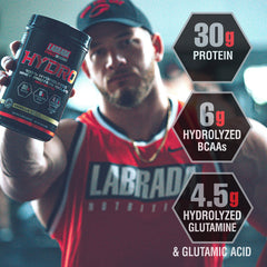 Close-up of Labrada Hydro label highlighting hydrolyzed whey