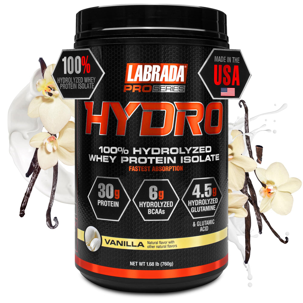 Labrada Hydro vanilla canister ready for a high-protein routine