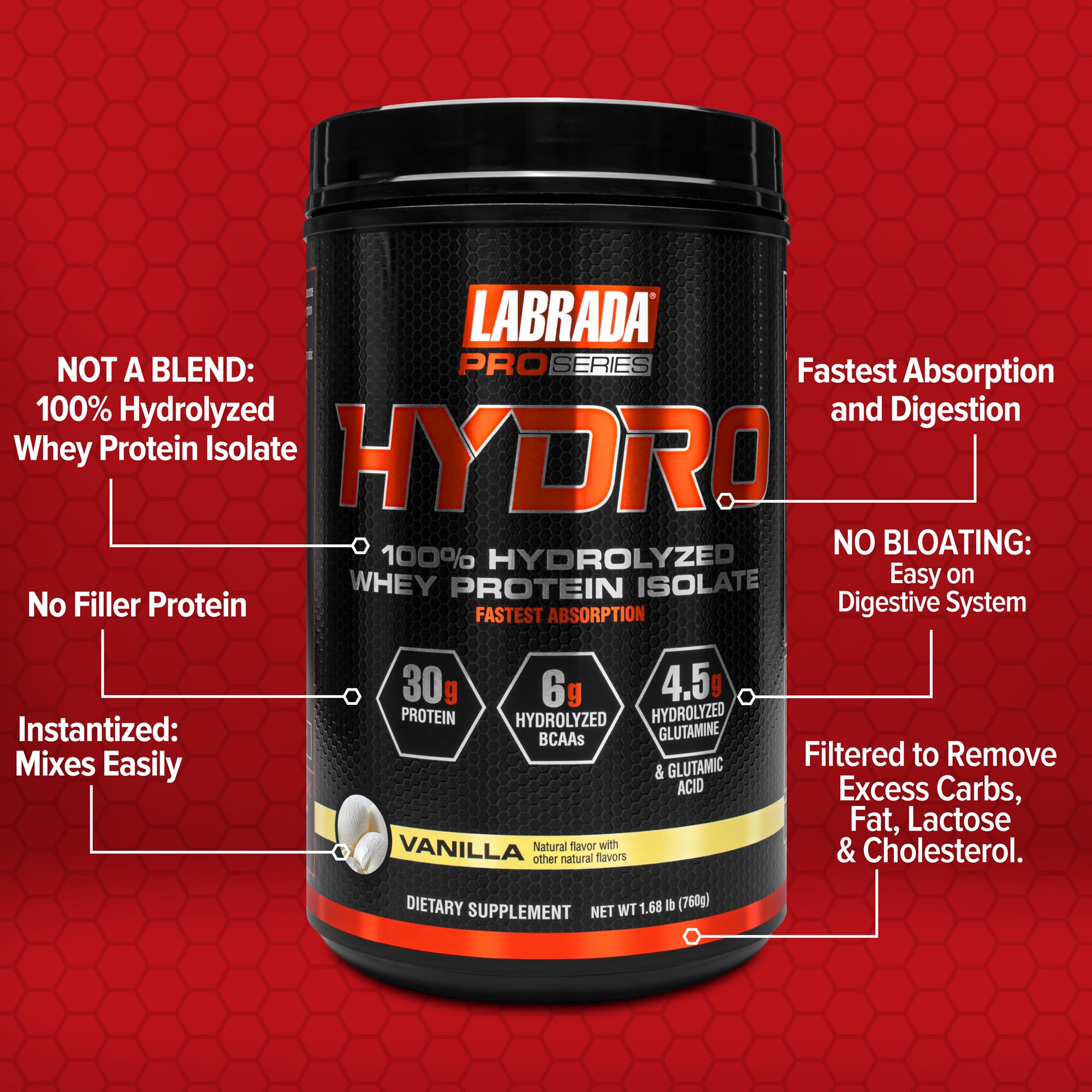 Pouring Labrada Hydro vanilla powder into a glass for a shake