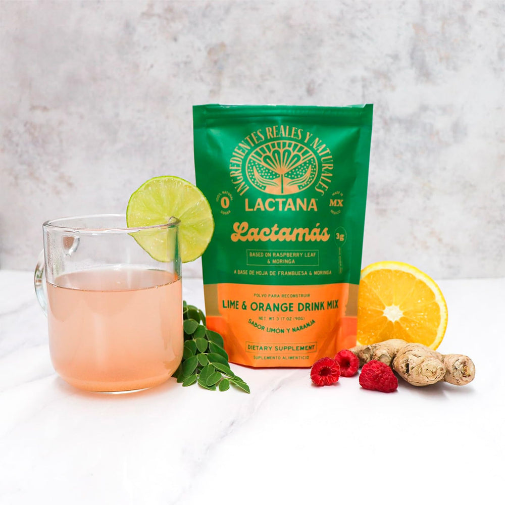 Lactana Tea ingredients close-up highlights Moringa and Raspberry.