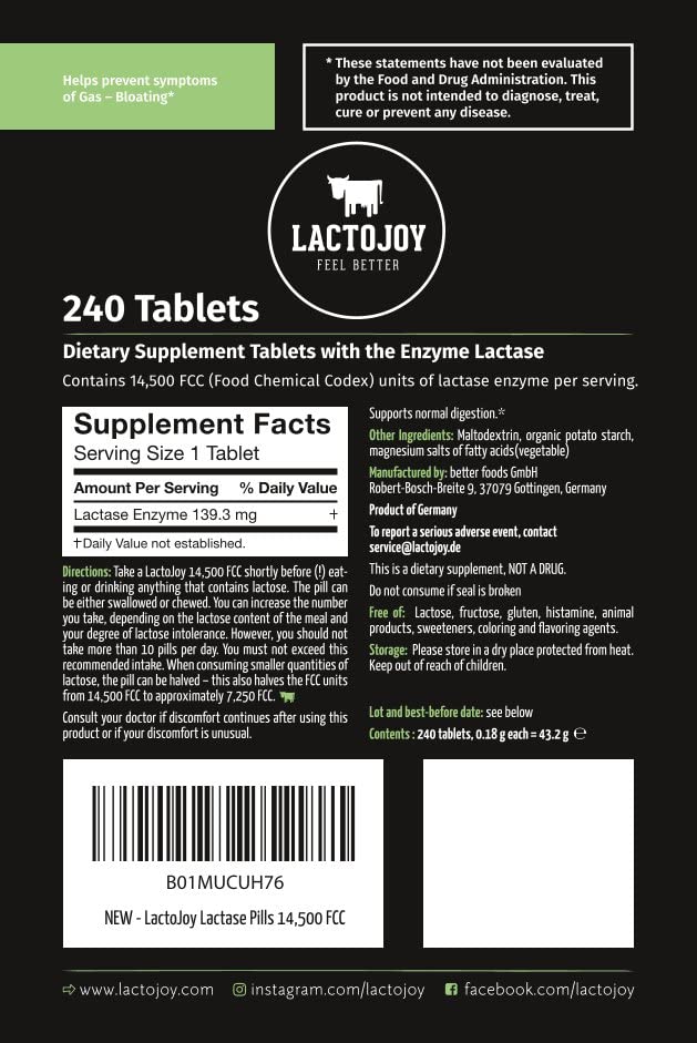 LactoJoy refill pack with vegan lactase tablets for lactose intolerance support.