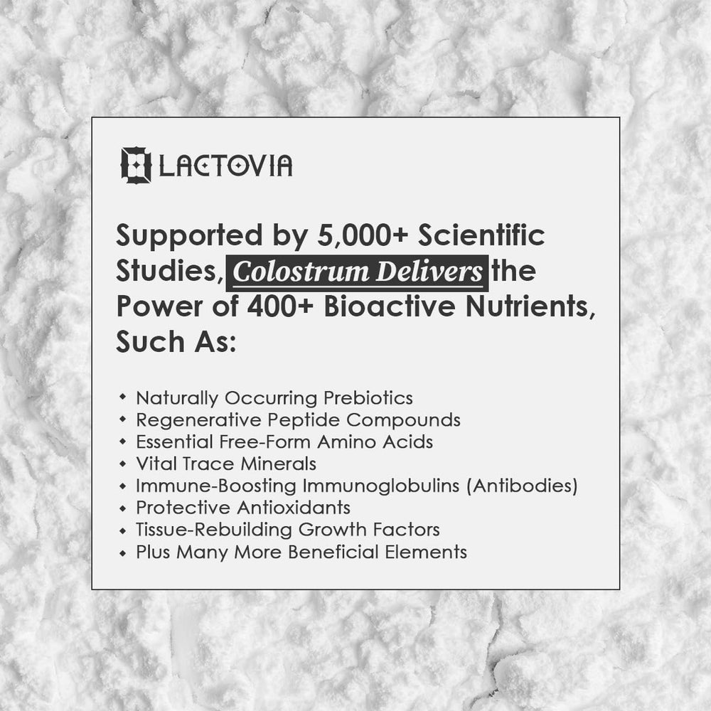 Lactovia grass-fed colostrum powder packaging highlights organic purity and farm origins