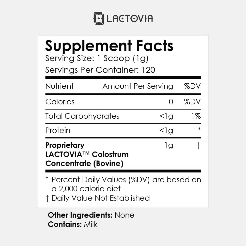 Lactovia bovine colostrum powder poured into a shaker bottle or cup