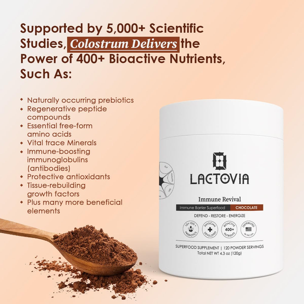LACTOVIA chocolate colostrum powder tub ready for a smooth, gut-friendly daily shake