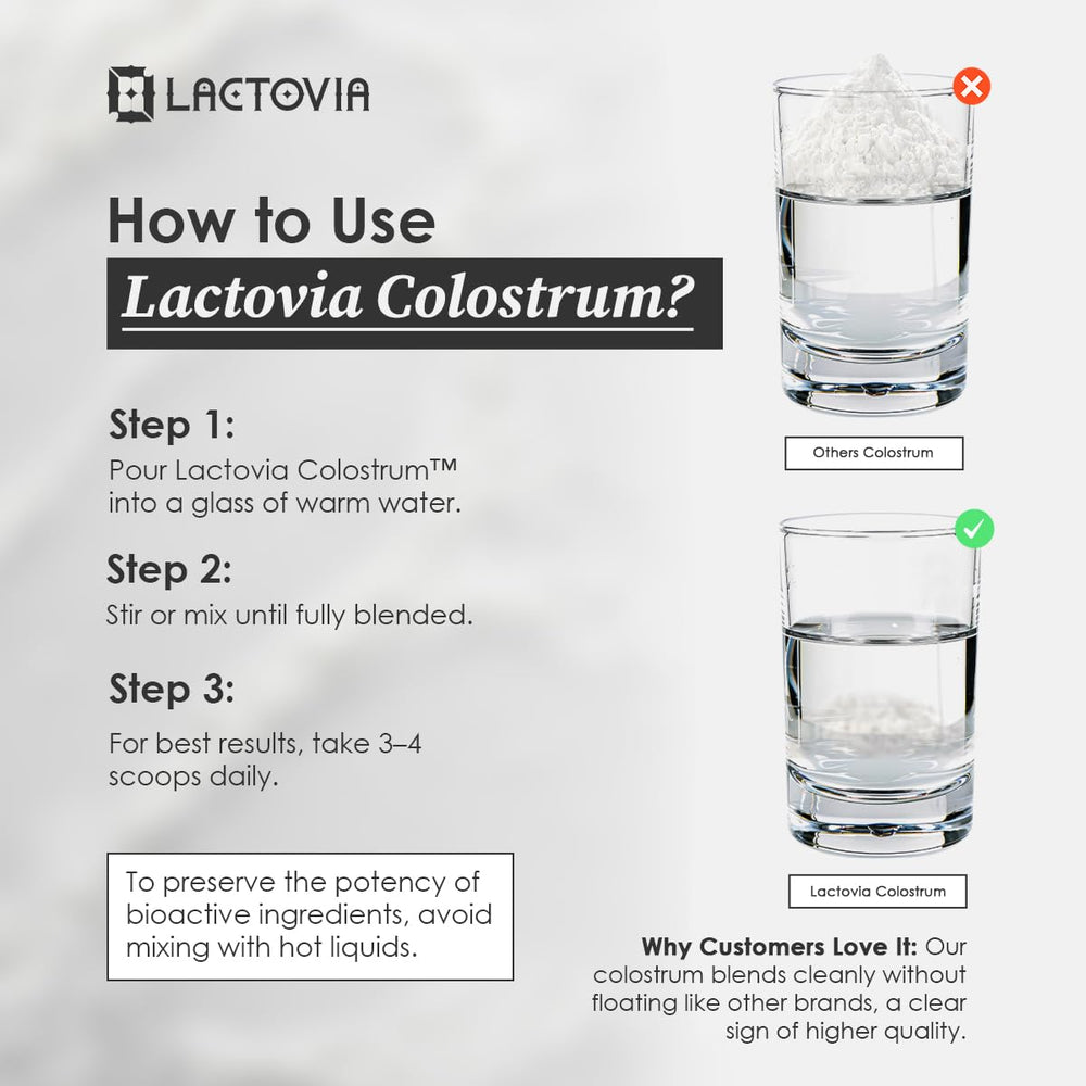 Lactovia colostrum powder being stirred into a beverage for quick usage