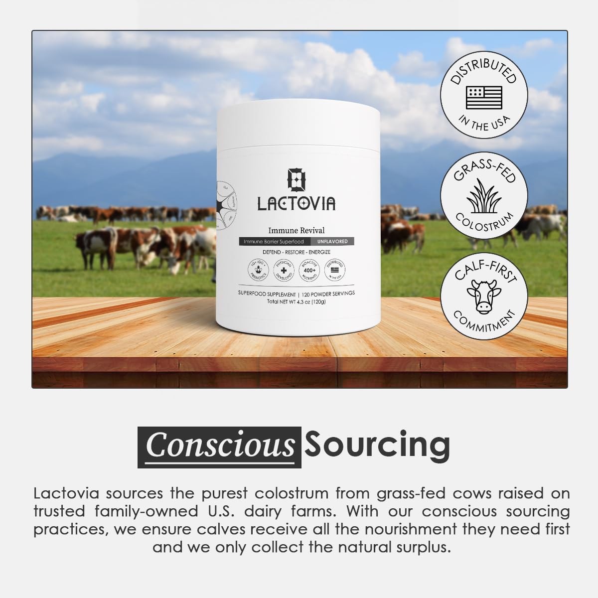Lactovia organic colostrum powder label noting sourcing and nutrients