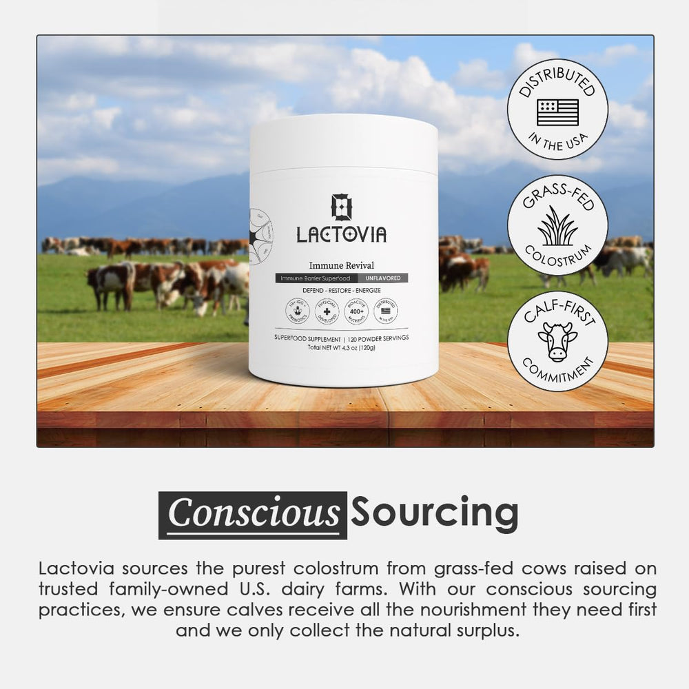 Lactovia organic colostrum powder label noting sourcing and nutrients