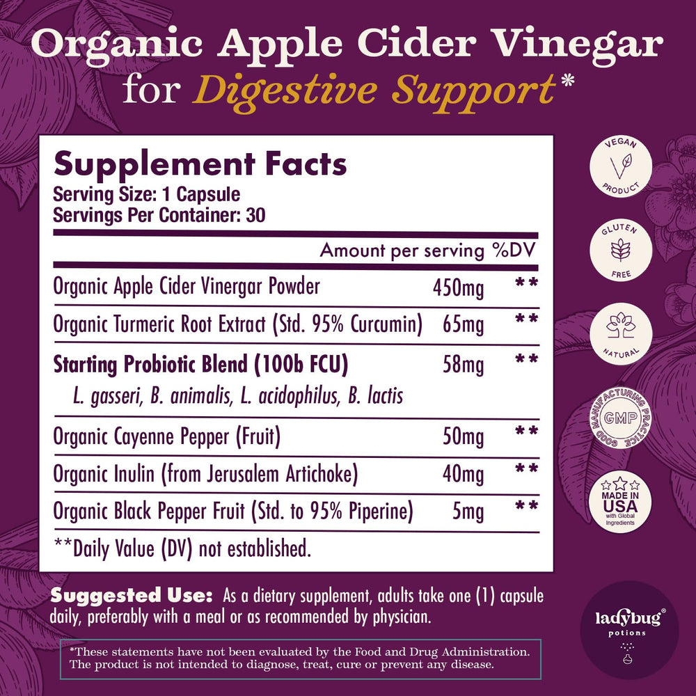 Ladybug Potions ACV capsules with turmeric and probiotics help balance gut health