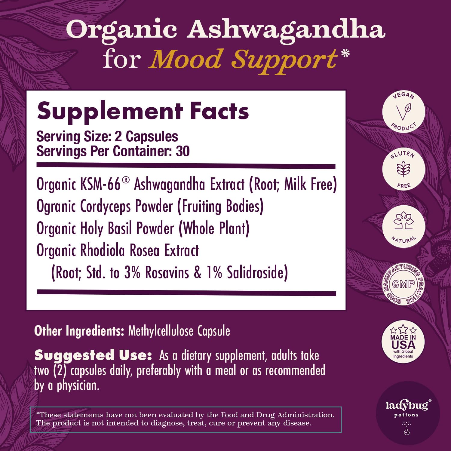 Ladybug Potions ashwagandha capsules close-up showcasing natural stress support.
