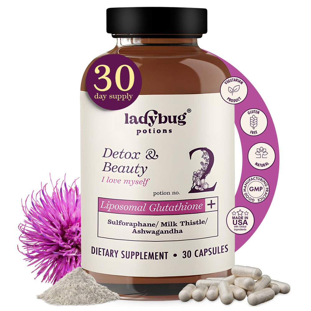 Ladybug Potions liposomal glutathione bottle closeup for enhanced absorption
