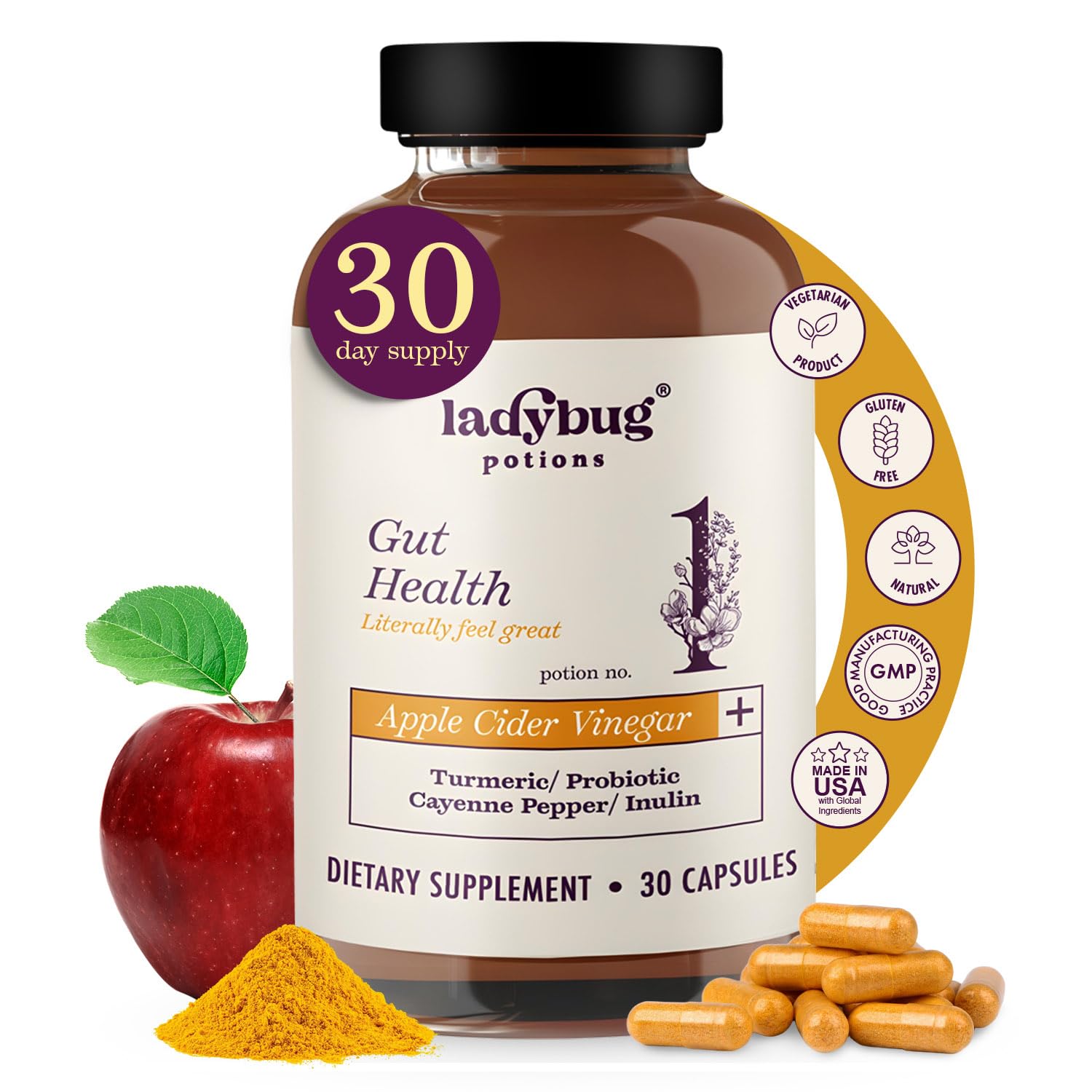 Ladybug Potions Organic ACV Capsules bottle offers convenient daily digestion support