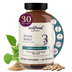 Ladybug Potions Organic Mood Pills bottle with capsules, highlighting mood support.