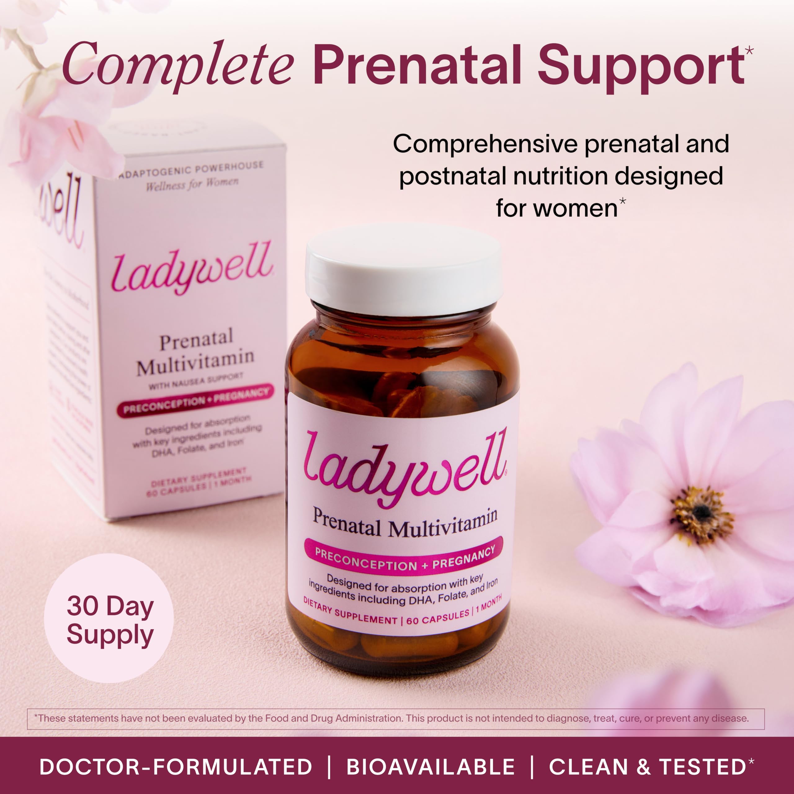 Ladywell Prenatal capsules closeup shows gentle, easy-to-swallow capsules for daily use.
