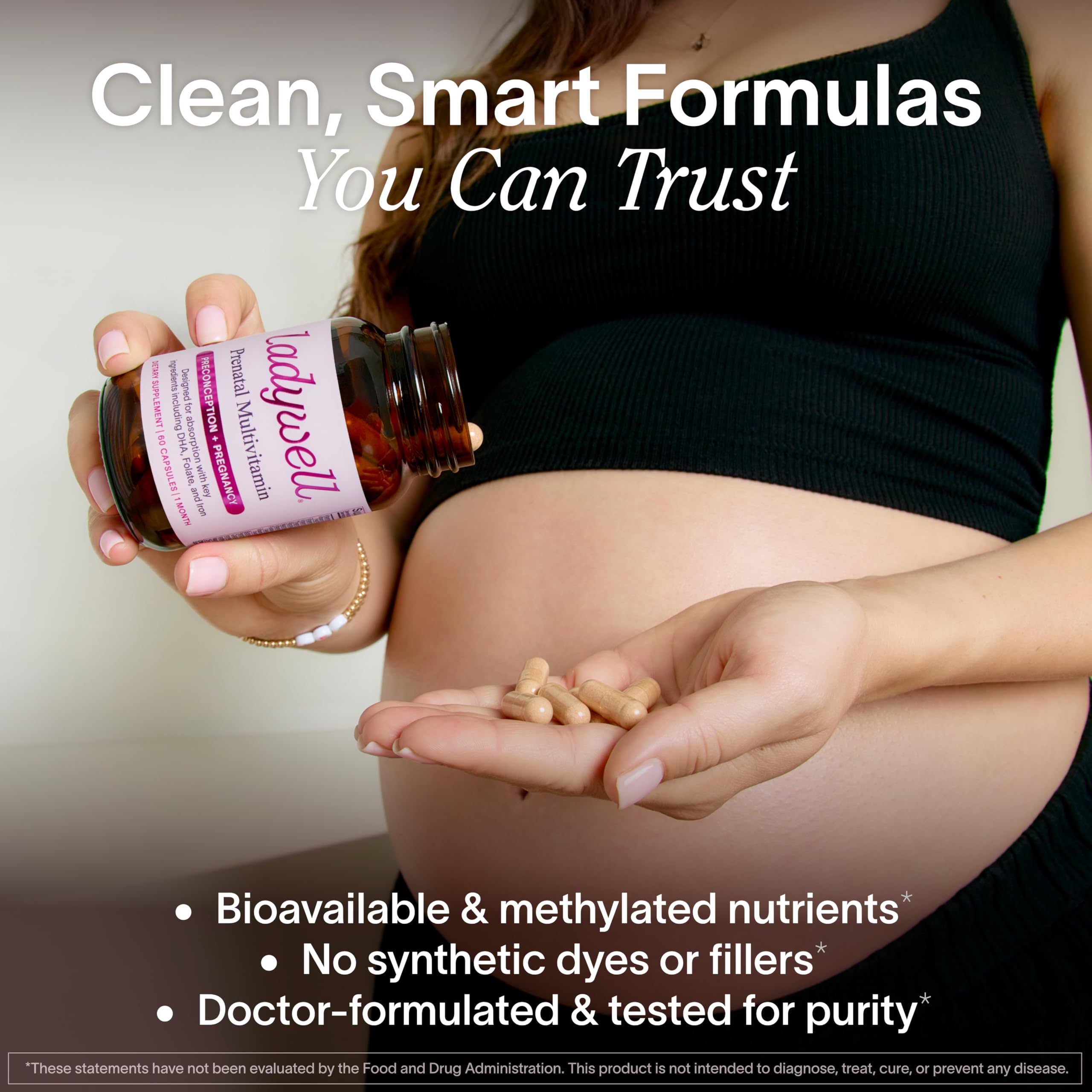 Ladywell Prenatal DHA softgels highlight omega support for fetal brain development.