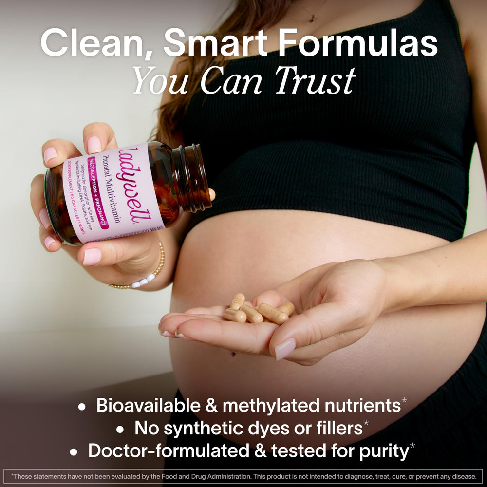 Ladywell Prenatal DHA softgels highlight omega support for fetal brain development.