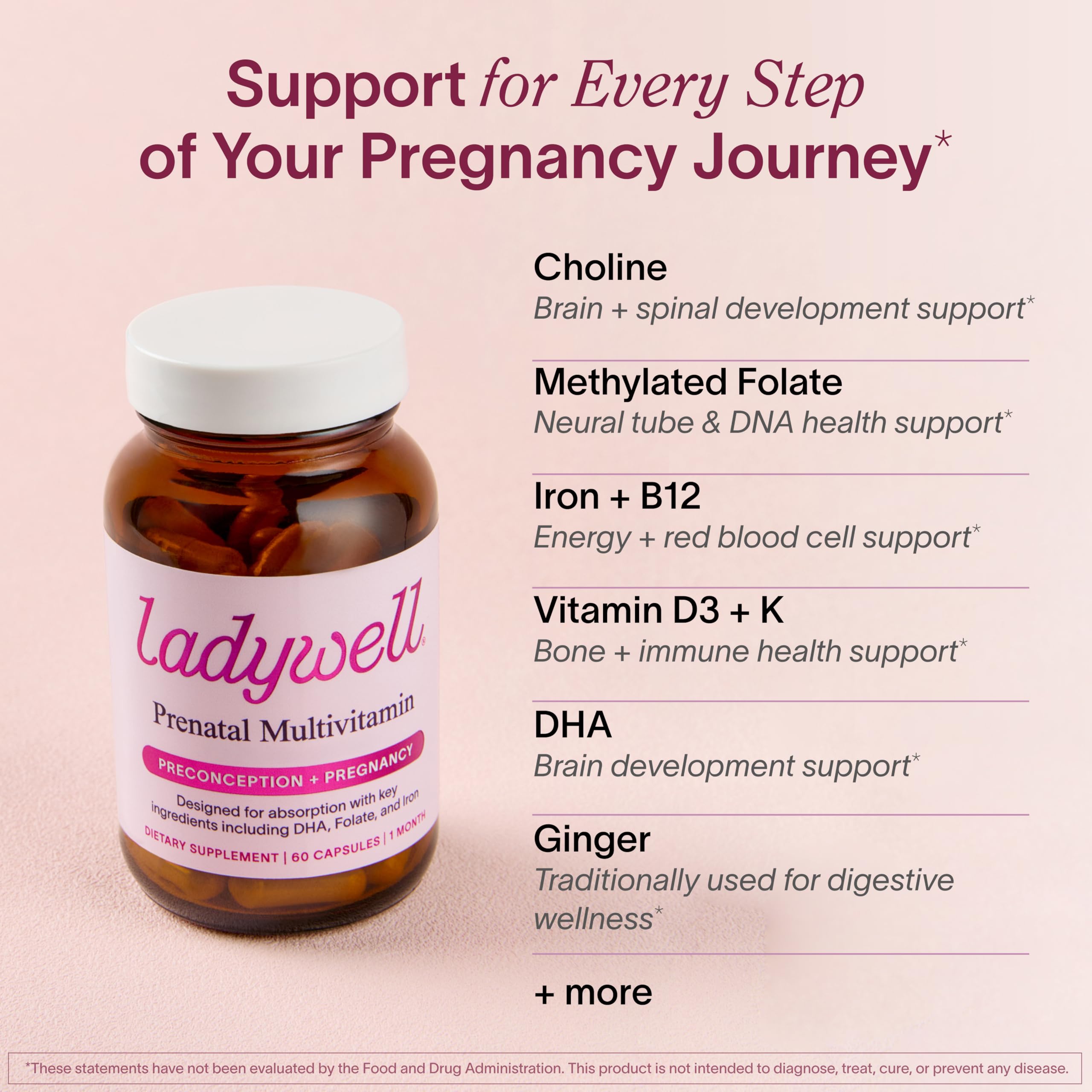 Ladywell Prenatal folate-choline image emphasizes essential neural health nutrients.