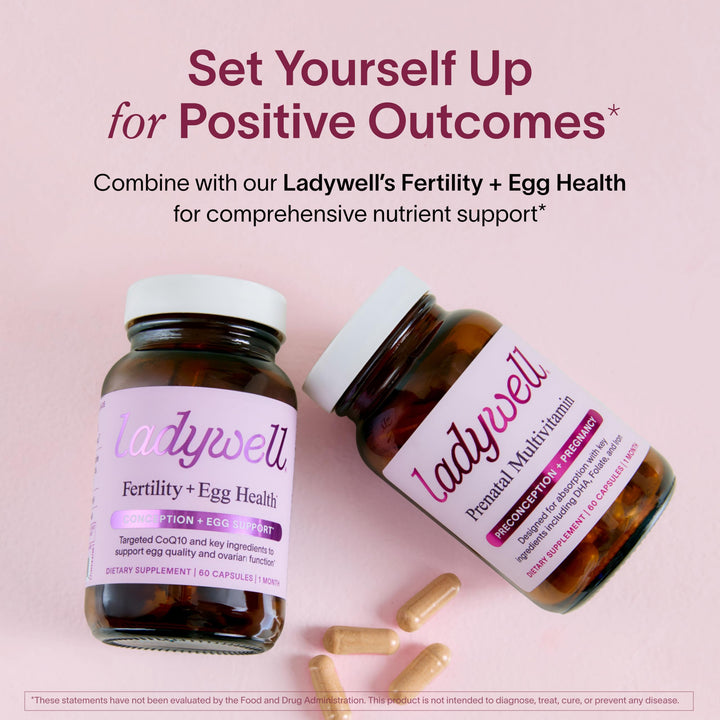 Ladywell Prenatal iron tablets closeup emphasizes essential mineral support.