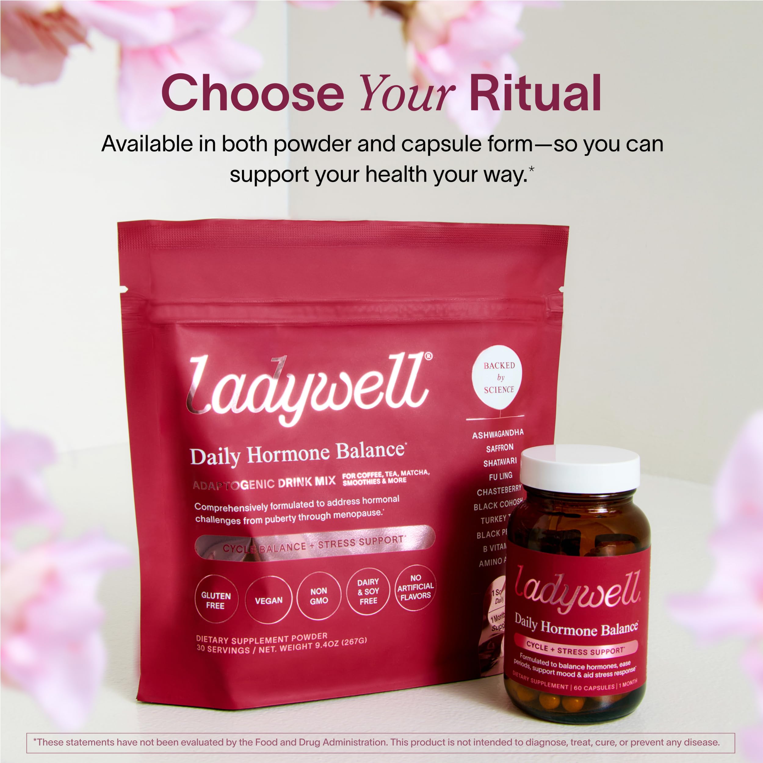 Morning wellness scene with Ladywell capsules on a clean tray.