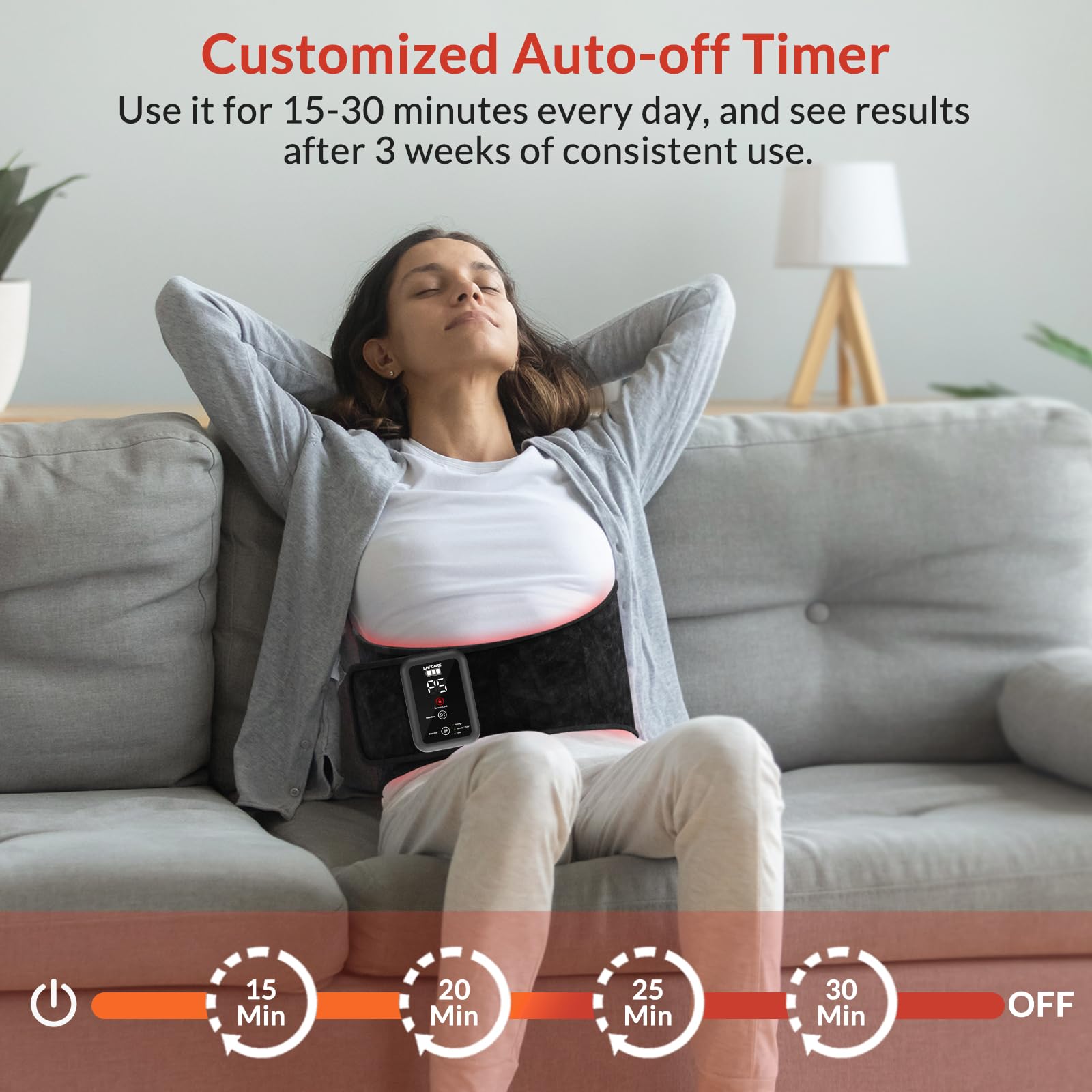 LAFCARE red light belt highlighting timer settings for sessions
