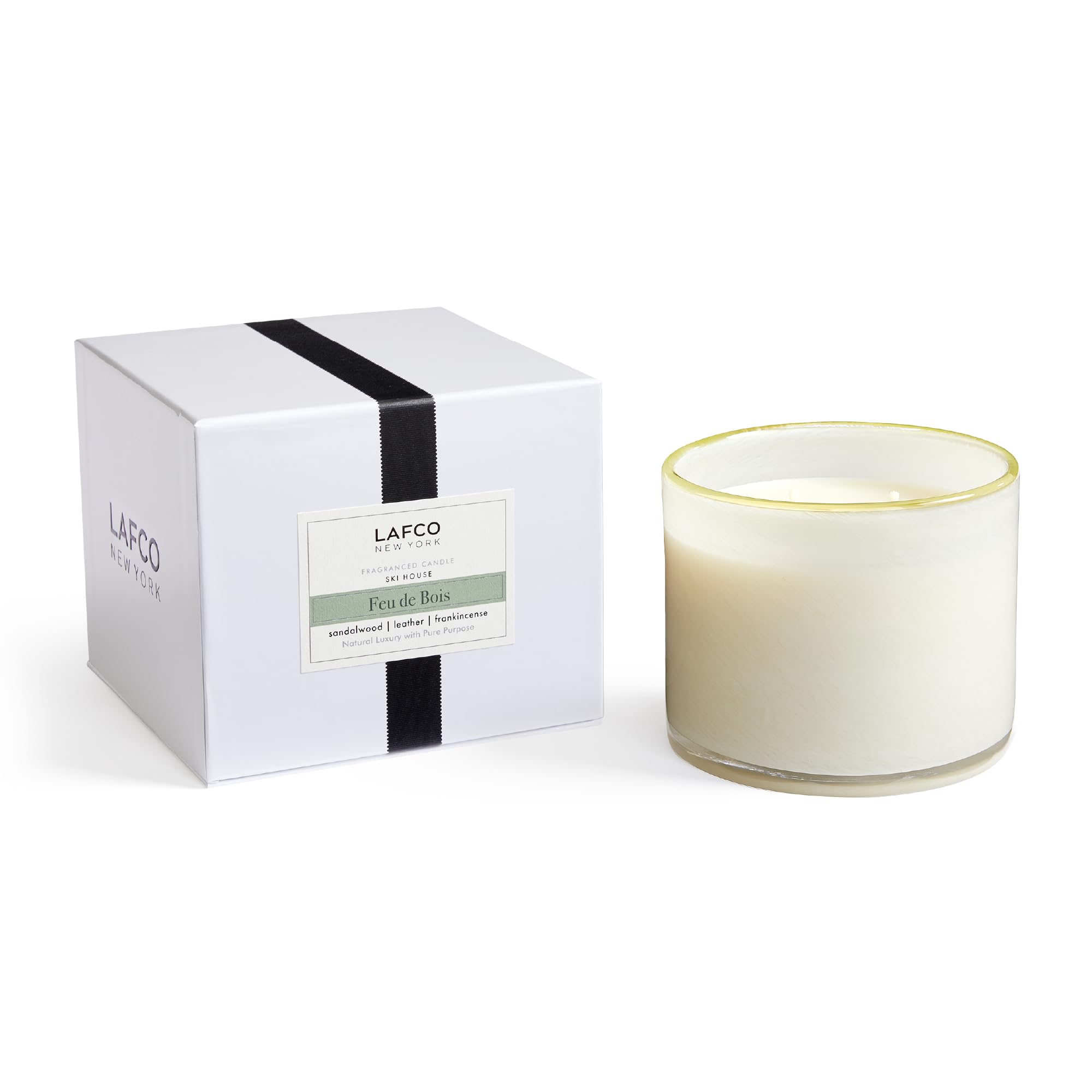 LAFCO New York 3-Wick Candle Feu de Bois in a 30 oz blown glass vessel for lasting ambiance.