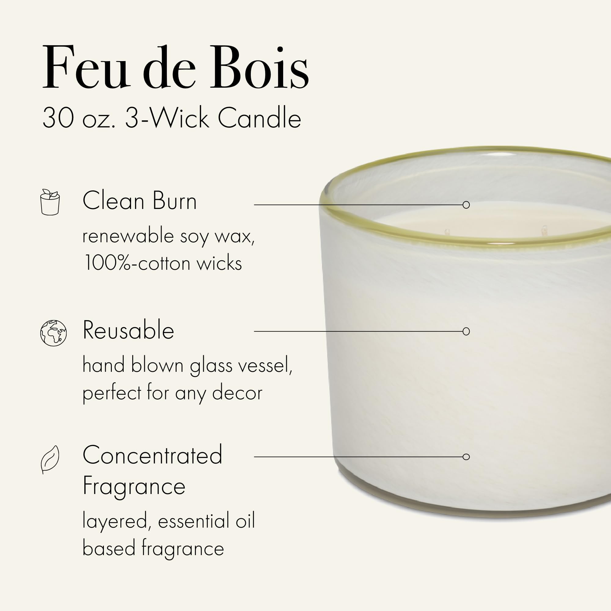 LAFCO New York Feu de Bois 3-Wick candle with reusable glass vessel enhances room ambiance.