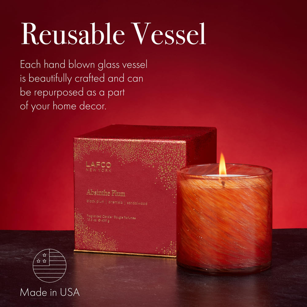 LAFCO New York Absinthe Plum candle, room scene adds festive atmosphere