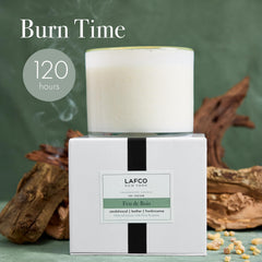LAFCO New York Feu de Bois candle close up showing the glass vessel and wax clarity.