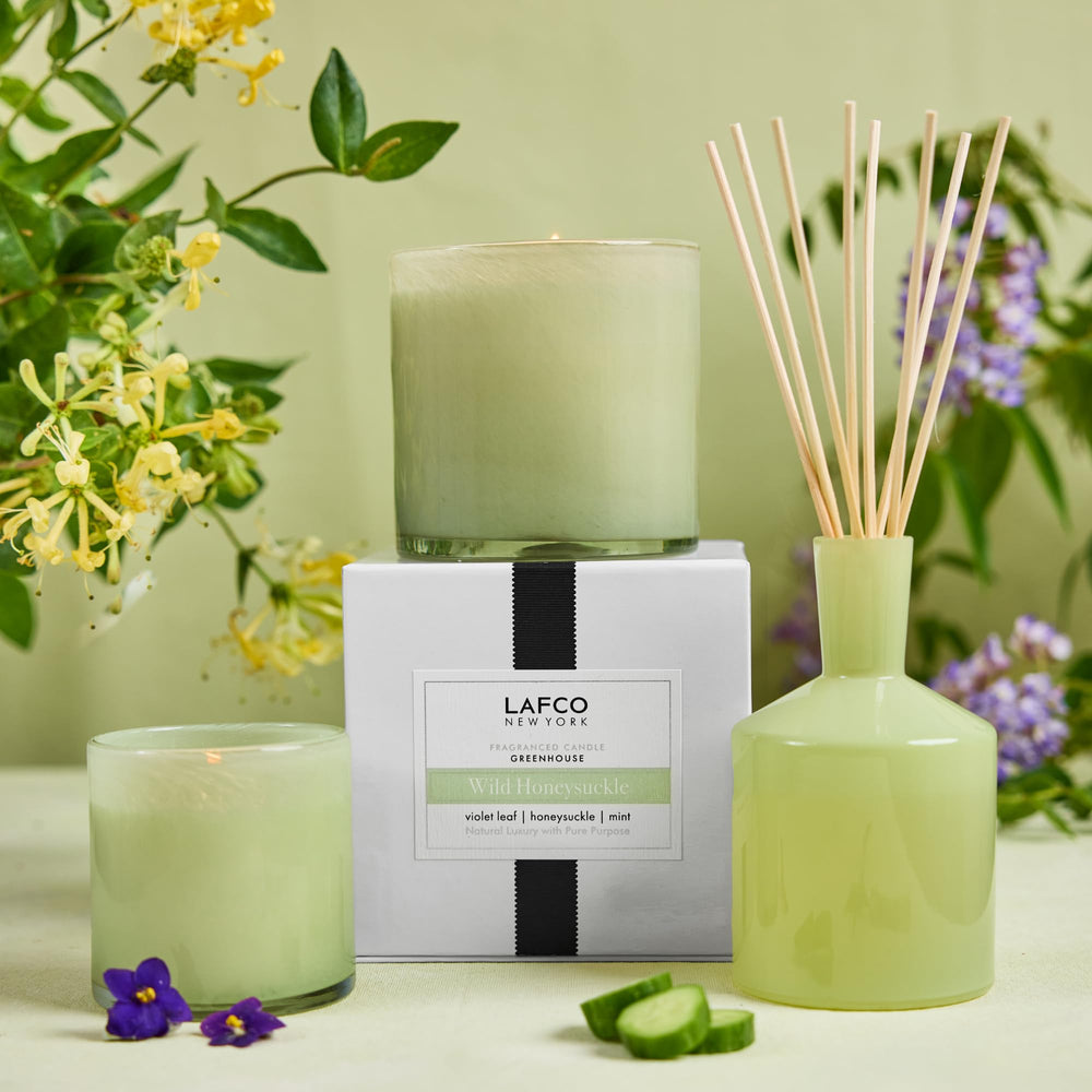 LAFCO New York Wild Honeysuckle candle highlighting the reusable glass vessel and premium fragrance