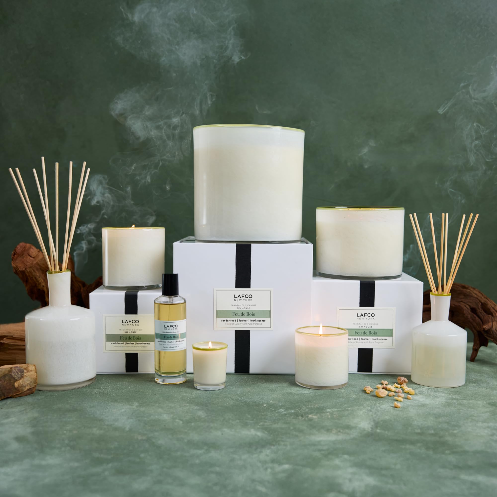 LAFCO New York Feu de Bois 30 oz candle in USA-made glass vessel.