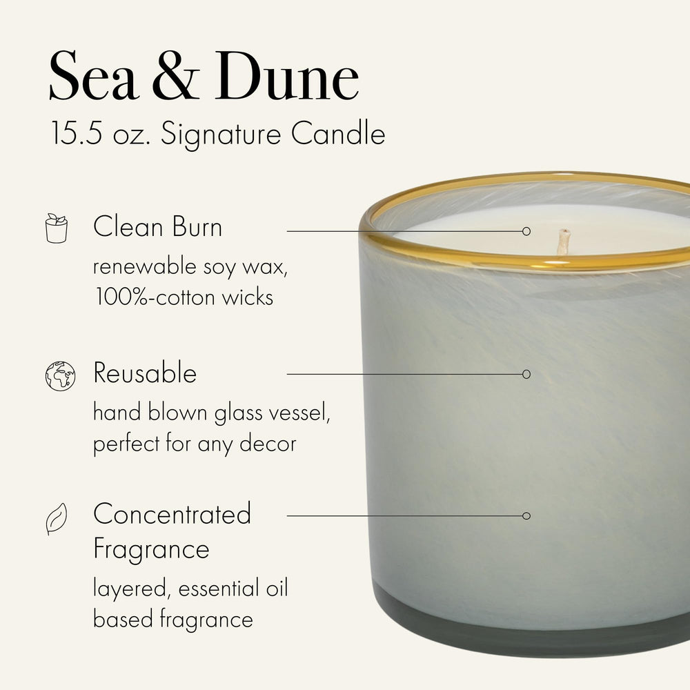 LAFCO New York Sea & Dune glass vessel elevates decor while burning.