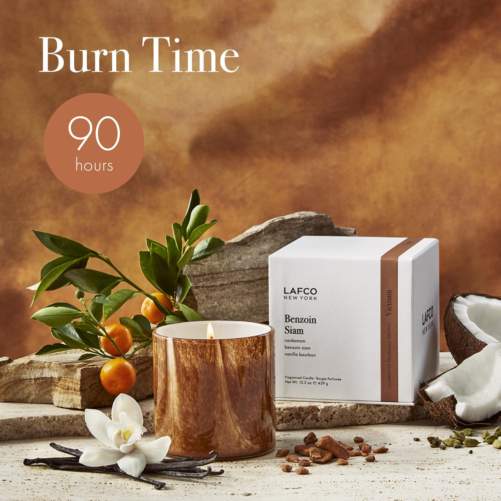 LAFCO New York Benzoin Siam candle with 90-hour burn time visual