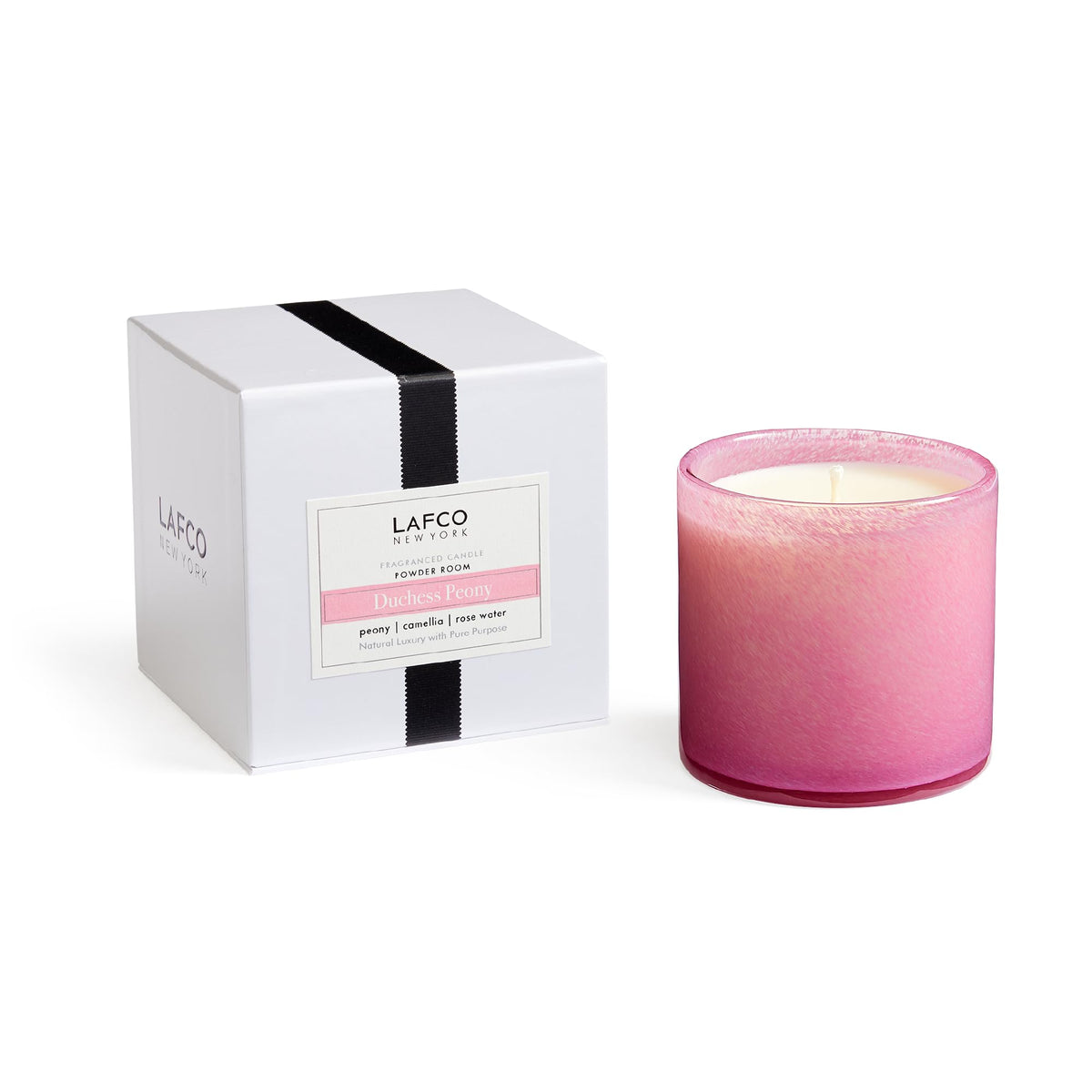 LAFCO New York Signature Candle Duchess Peony bottle closeup with rich fragrance potential.