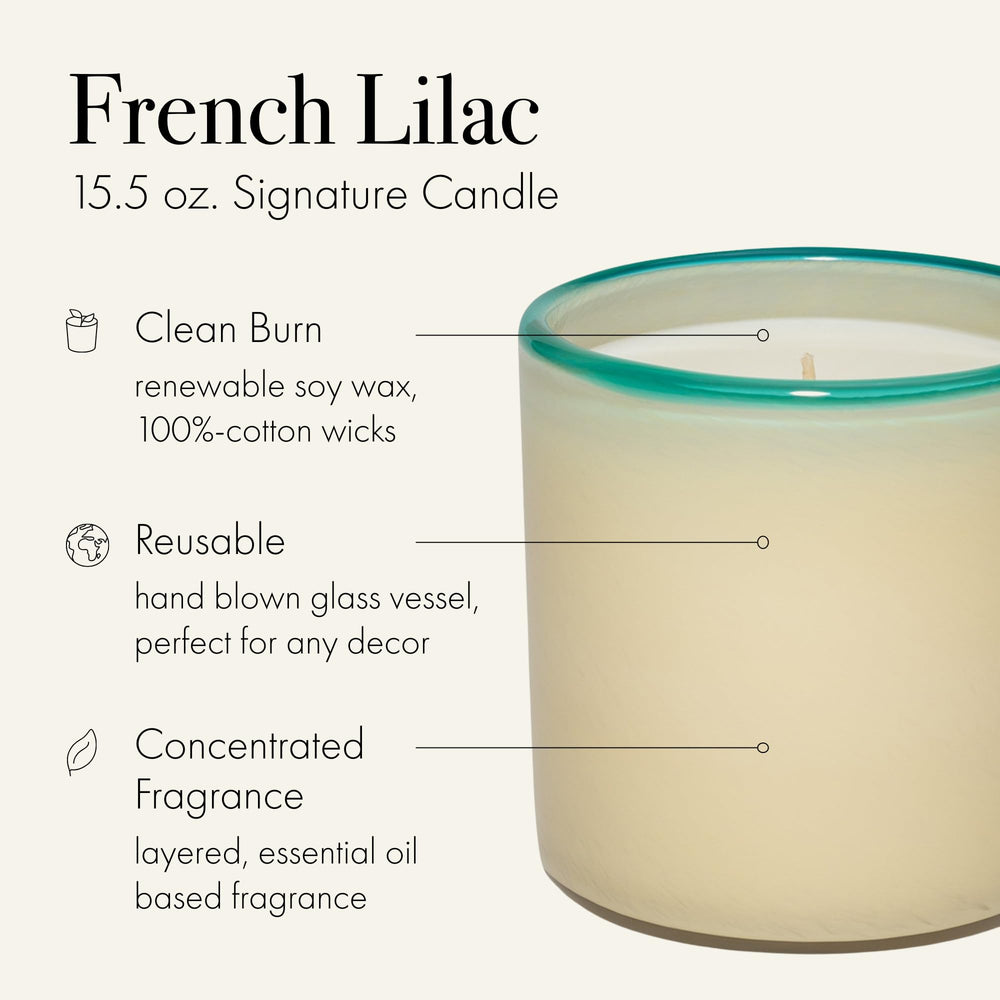 LAFCO New York Signature Candle French Lilac glass vessel showcases reusable design for decor.