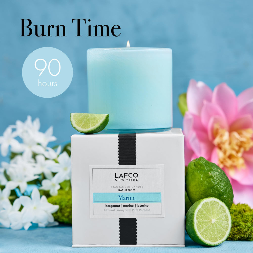 LAFCO New York Signature Marine candle in bathroom scene evokes spa-like freshness.