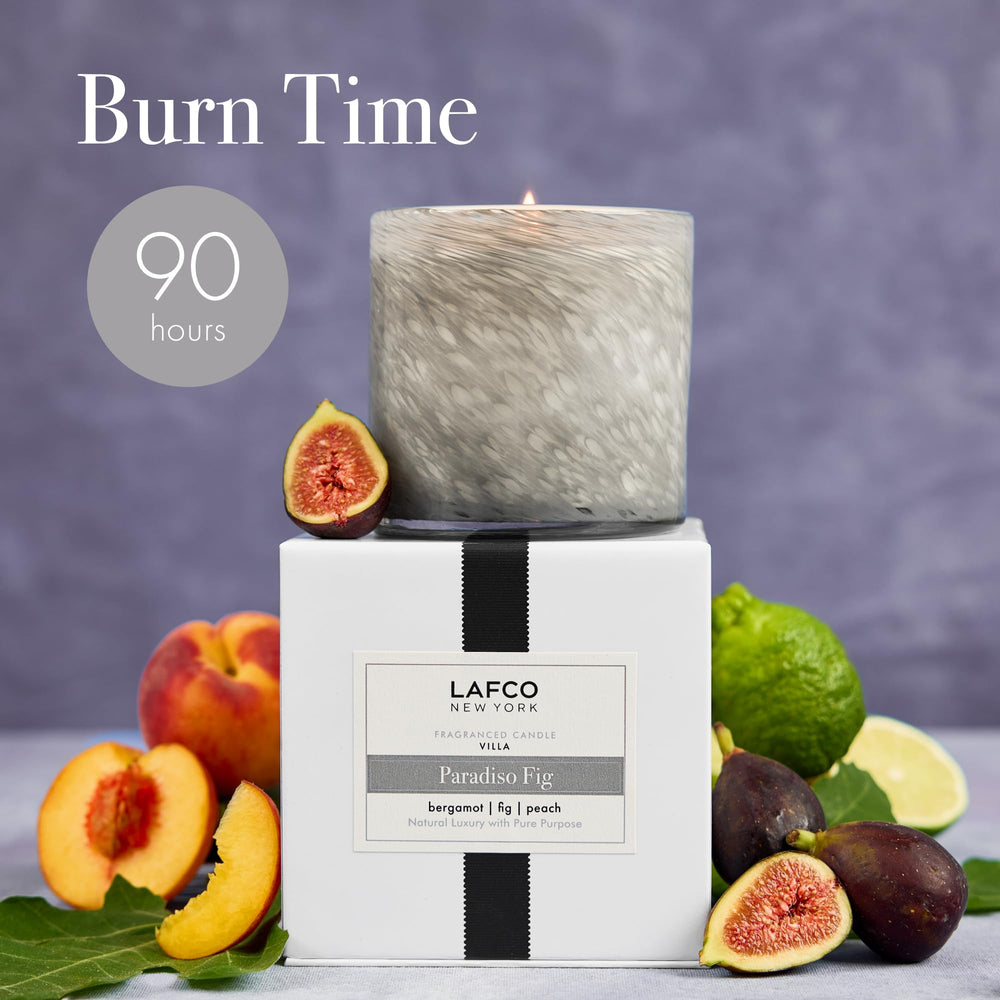 LAFCO New York Signature Candle Paradiso Fig hand-blown vessel adds artisanal elegance.